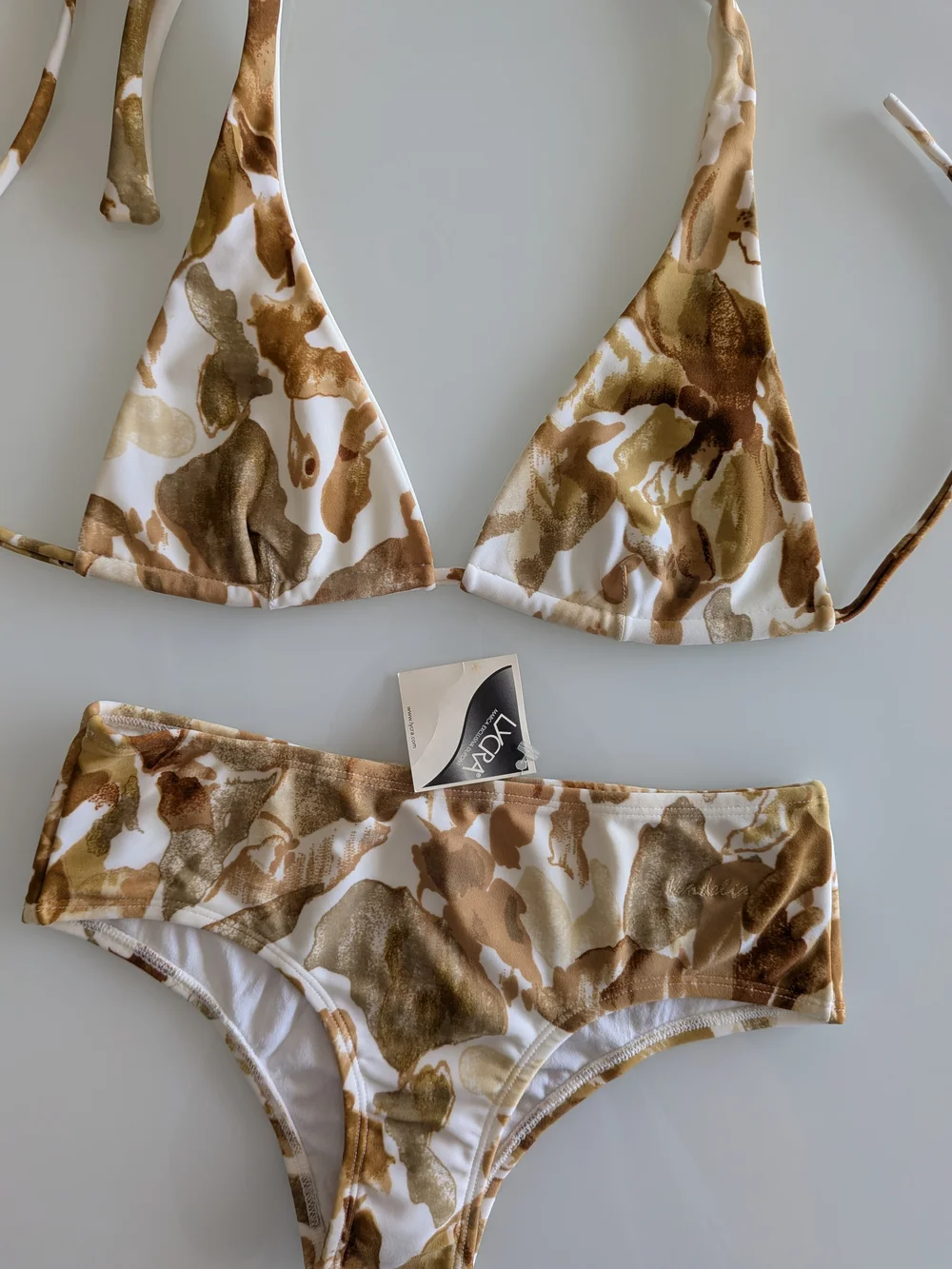 Brown White Abstract Bikini Set Halter Triangle Hipster Swimwear S 2 Pieces NWT
